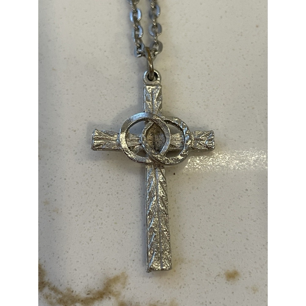 Vtg Double Wedding Band Cross Necklace Silvertone Rustic 18" Chain Unisex New